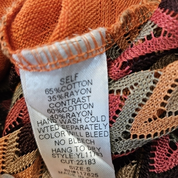 Ya Los Angeles Crochet Back Orange & Brown V neck 65% Cotton 35% Rayon Top Sz S - Picture 7 of 7